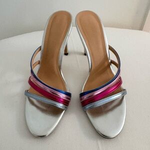 Zara Silver Heeled Mules with Pink & Blue Straps